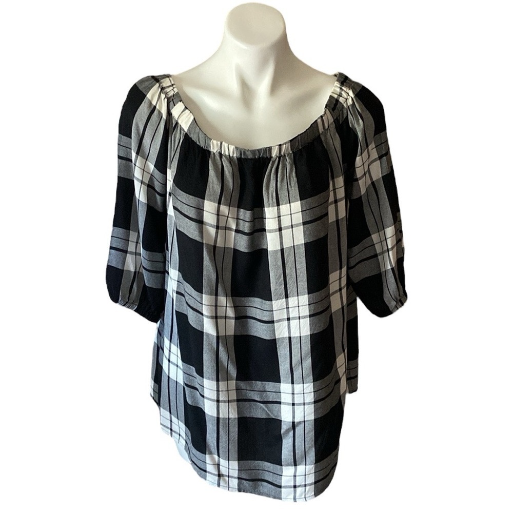 Cato Black and White Checkered Plaid Off The Shoulder Blouse